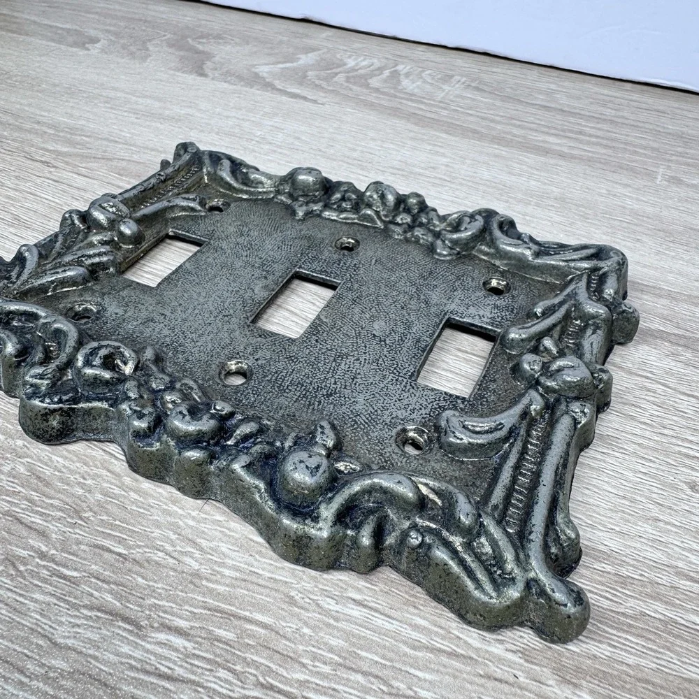 Ornate Brass Tone Triple Light Switch Cover Vintage Heavy Cast Metal Wall Plate